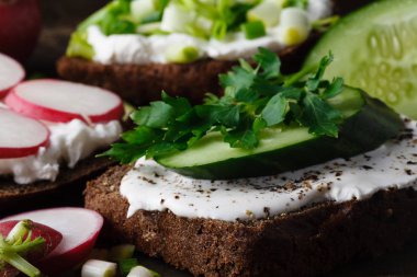 Kraker süzme peynir, turp, salatalık ile tere salatası ve taze otlar ile dekore edilmiş