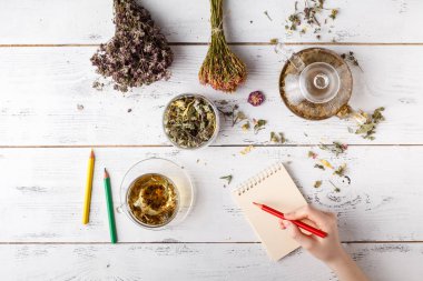 Ahşap masa bir reçete ile şifalı otlar. Düz yatıyordu