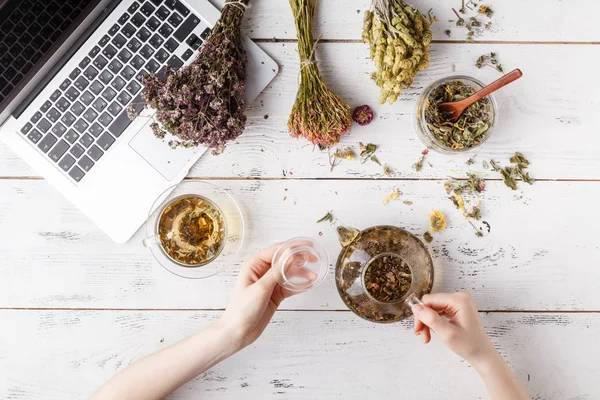 Mujer feliz con hierbas medicinales elaborando té de hierbas — Foto de Stock