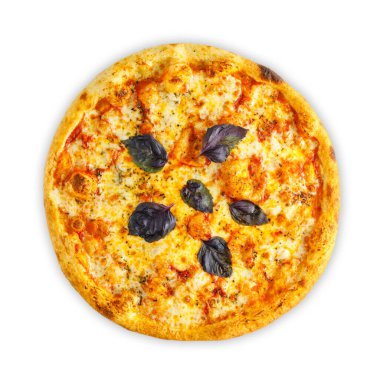 Beyaz arka planda mozarella, domates, zeytin ve mantarlı ev yapımı İtalyan pizzası. Üst görünüm