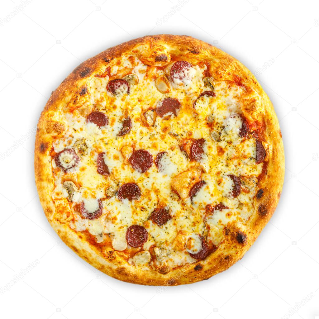 Homemade Italian pizza with mozzarella , tomato , olives and mushrooms isolated on white background . Top view