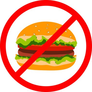 Vektör çizim hamburger, kırmızı yasak işareti, yasak, sağlıklı bir diyet, renk illüstrasyon teşviki