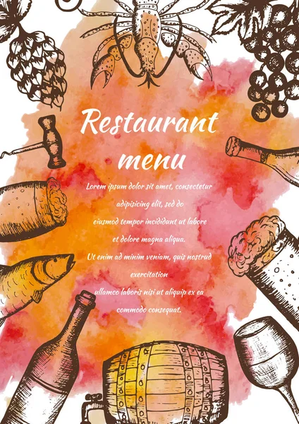 Restaurantkarte, handgezeichnete Speisen und Getränke auf Aquarell — Stockvektor