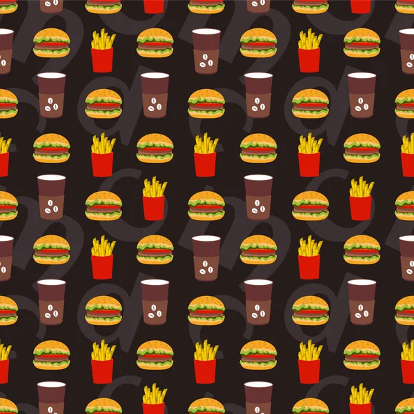 Hamburger, coffee, fries on dark gray background