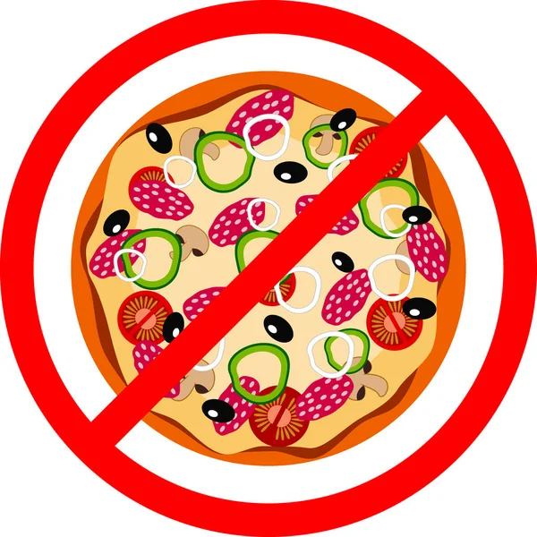 Illustrazione vettoriale pizza, cartello rosso divieto, divieto, promozione di una dieta sana — Vettoriale Stock