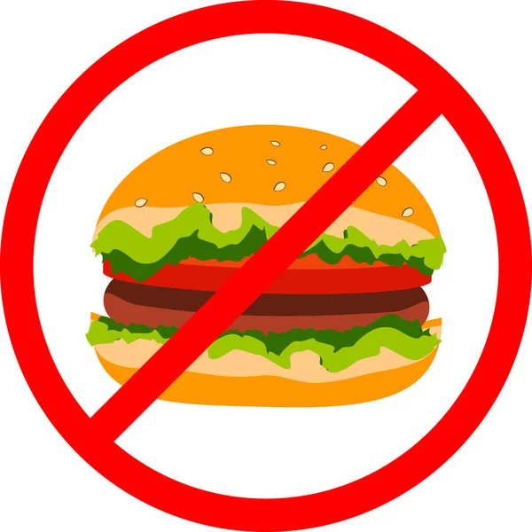 Hamburguesa de ilustración vectorial, señal de prohibición roja, prohibición, promoción de una dieta saludable, ilustración a color — Archivo Imágenes Vectoriales