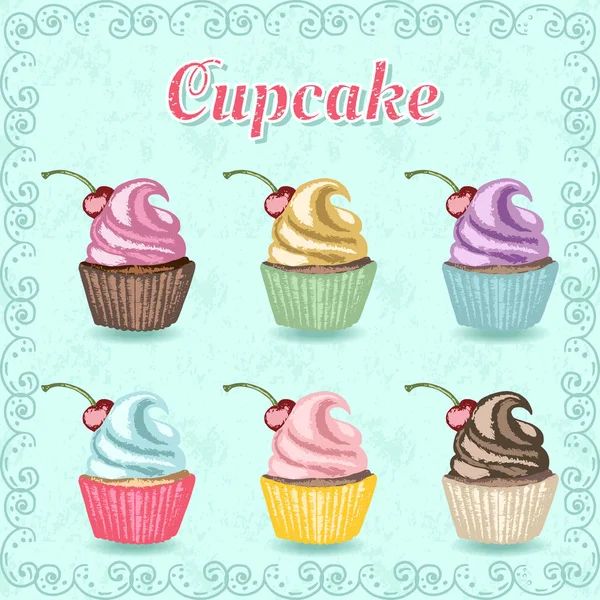 Lettering cupcake, cupcake with whipped cream and cherry — Stock Vector