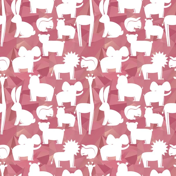 Set di animali piatto, modello senza soluzione di continuità. Zoo animali, carta da parati, tessile, bianco icone piatte di animali su poligoni rosa — Vettoriale Stock
