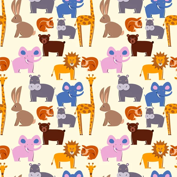 Animals flat set, seamless pattern. Zoo animals, wallpaper, textile — Stock Vector