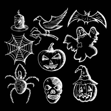 Cadılar Bayramı öznitelikleri, beyaz eskiz siyah arka plan üzerine çizilmiş kümesi el