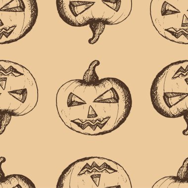 Cadılar Bayramı öznitelikler, bej renkli arka plan üzerinde kahverengi kabaklar çizilmiş kümesi el