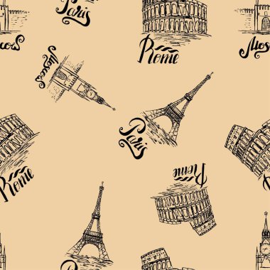 seamless pattern with Moscow, Paris, Rome labels, hand drawn Kremlin, Eiffel Tower, Coliseum, lettering Moscow, Paris, Rome on beige background clipart