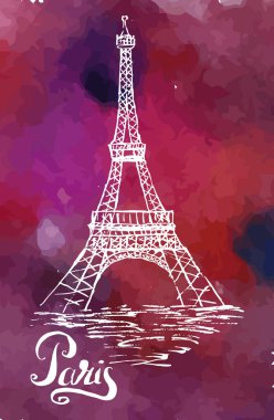 Eyfel Kulesi, Paris suluboya bir arka plan üzerinde yazı Paris etiketi el ile çizilmiş