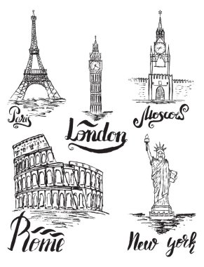 New york, Moskova, Paris, Roma, Londra Etiketler, bir fırça kalem tarafından yazı kümesi