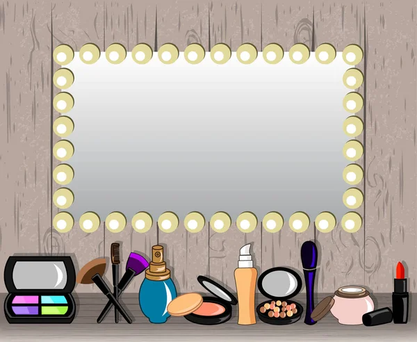 Cosmetics set on the shelf with mirror — Stock Vector