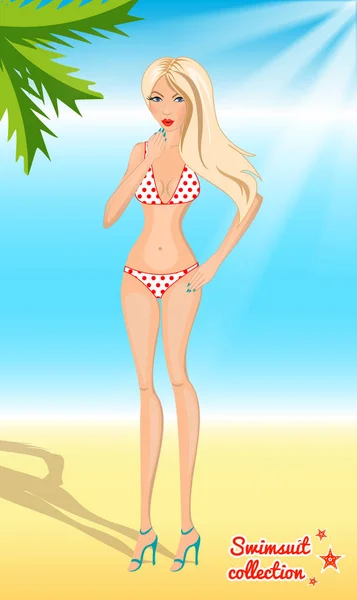 Maillot de bain collection femme, maillot de bain blanc à pois rouges, bikini, plage, palmier — Image vectorielle