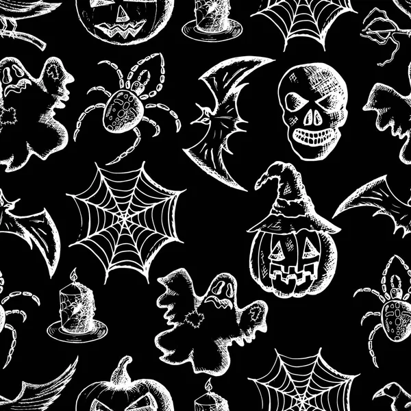 Mano dibujado conjunto de atributos de halloween, boceto blanco sobre fondo negro — Vector de stock