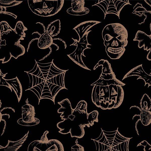 Hand getekende set halloween kenmerken, bruin schets op zwarte achtergrond — Stockvector