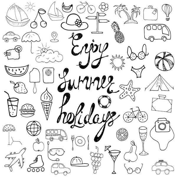 Sommerferien handgezeichnete Zeichen und Symbole, Schriftzüge genießen Sommerferien — Stockvektor