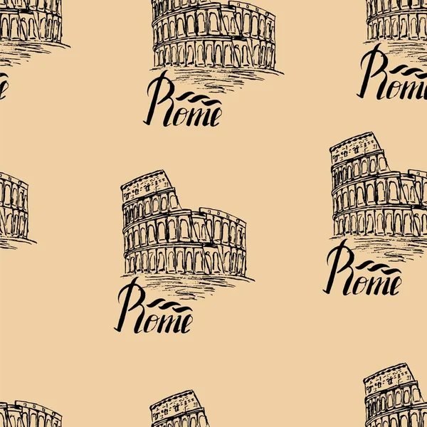 Motivo senza cuciture con etichetta Roma, Colosseo disegnato a mano, iscrizione Roma su sfondo beige — Vettoriale Stock