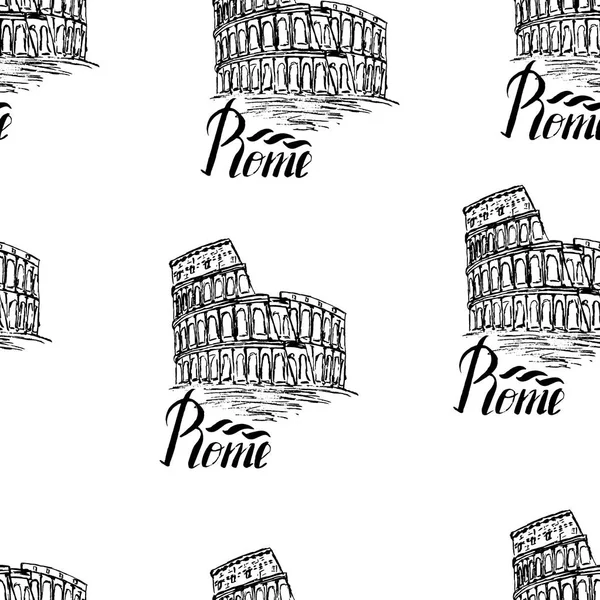 seamless pattern with Rome label, hand drawn Coliseum, lettering Rome