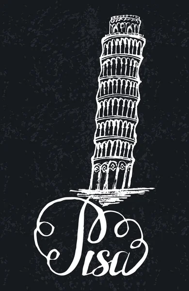 Pisa-Etikett mit handgezeichnetem schiefen Turm von Pisa, Schriftzug Pisa auf dunklem Hintergrund — Stockvektor