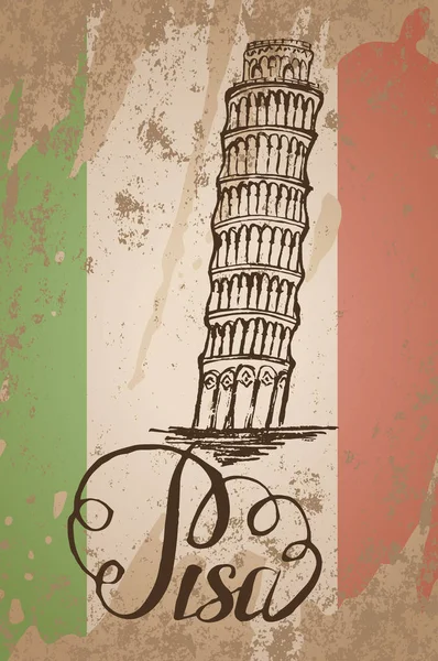 Etiqueta de Pisa con la mano dibujada Torre inclinada de Pisa, letras Pisa y bandera italiana — Archivo Imágenes Vectoriales