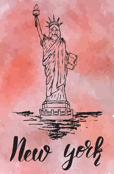 New york label met hand getrokken de Statue of Liberty, New york op een aquarel achtergrond belettering — Stockvector