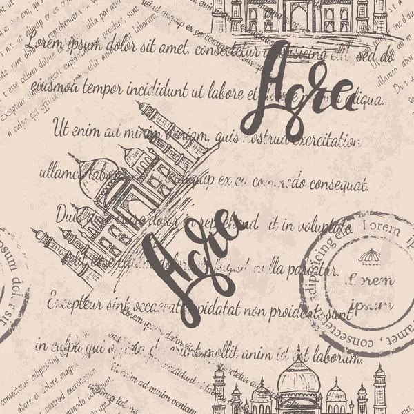 Étiquette Agra avec dessin à la main le Taj Mahal, lettrage Agra, texte décoloré sur fond beige — Image vectorielle