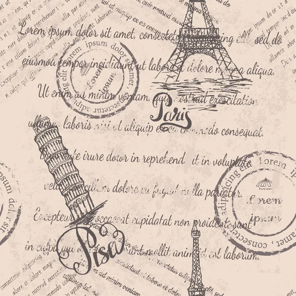 Texte fané, timbres, Tour Eiffel, lettrage Paris, Tour penchée de Pise, lettrage Pise — Image vectorielle