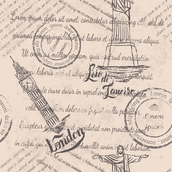 Texte decolorate, timbre, Hristos Răscumpărătorul, Big Ben, scriind Londra — Vector de stoc