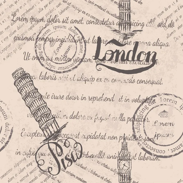 Texte fané, timbres, grand ben, lettrage Londres, Tour penchée de Pise, lettrage Pise — Image vectorielle