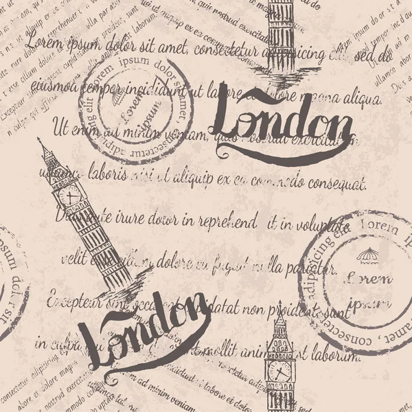 Texto desbotado, selos, big ben, lettering Londres —  Vetores de Stock