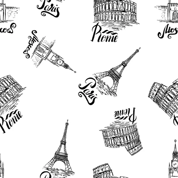 Seamless pattern with Moscow, Paris, Rome labels, hand drawn Kremlin, Eiffel Tower, Coliseum, lettering Moscow, Paris, Rome — Stock Vector