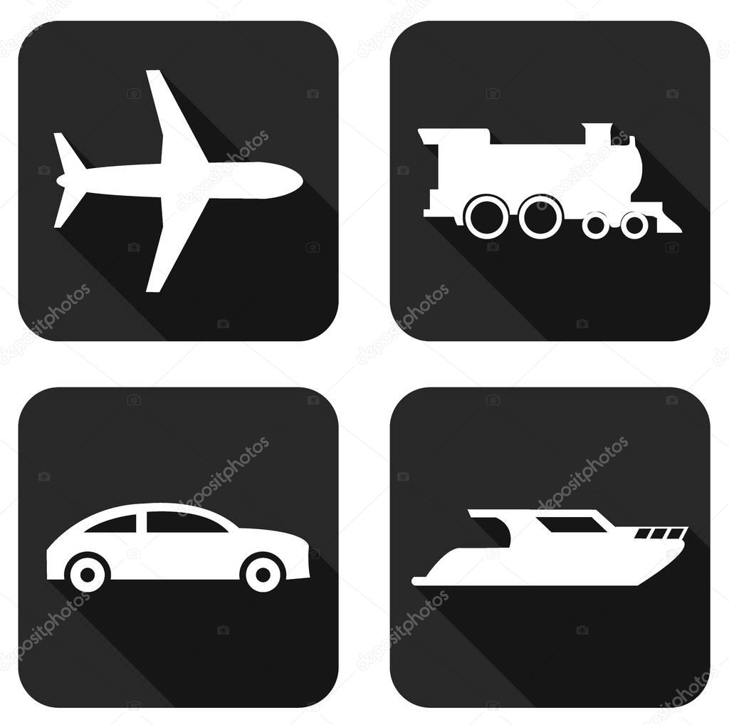 Types of transport. Airplane, Train, Car, Boat flat icons with long shadow