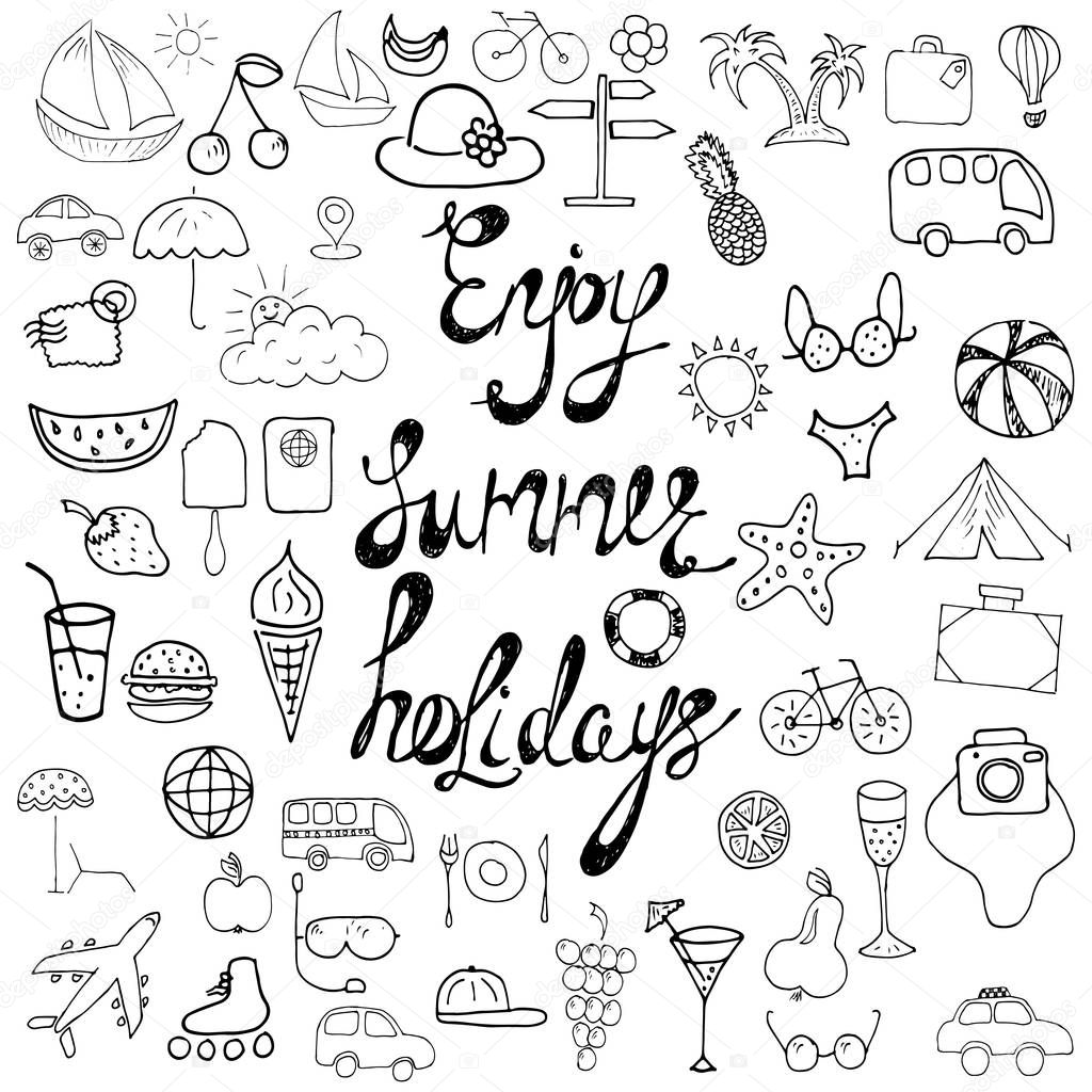 Summer holidays hand drawn signs and symbols, lettering enjoy summer holidays