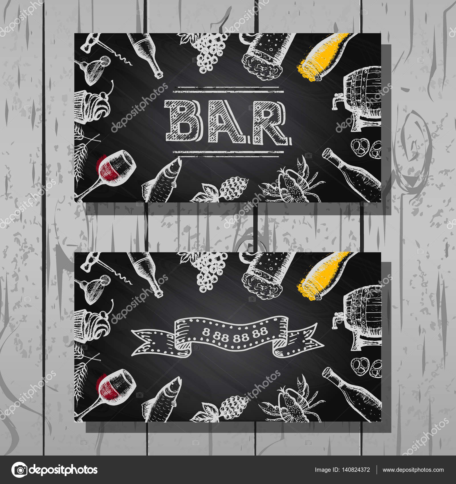 Design business card of bar and restaurant, beer and wine set, chalkboard  background Stock Vector Image by ©wirtu20 #140824372