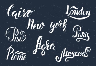 Sphinx Cairo, New York, Londra, Pisa, Paris, Agra, Roma, Moskova koyu mavi arka plan üzerinde yazı, Cairo etiketi el ile çizilmiş