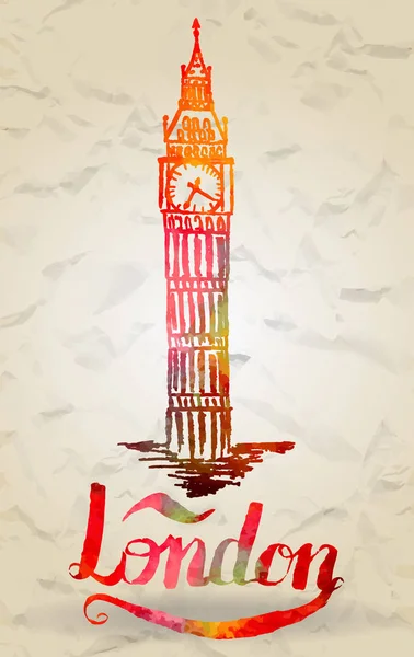 London-Etikett mit handgezeichnetem Big Ben, Schriftzug London mit Aquarellfüllung — Stockvektor