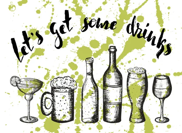 Cerveza, cóctel y vino en manchas verdes, letras vamos a conseguir algunas bebidas — Archivo Imágenes Vectoriales
