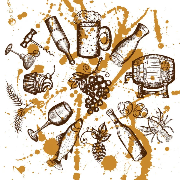 Ilustración vectorial dibujada a mano, set de cerveza, set de vino, cerveza y símbolos de vino en manchas amarillas — Archivo Imágenes Vectoriales