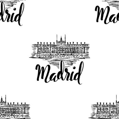Royal Palace of Madrid beyaz zemin üzerine yazı Madrid, Madrid etiketi el ile Seamless Modeli çizilmiş