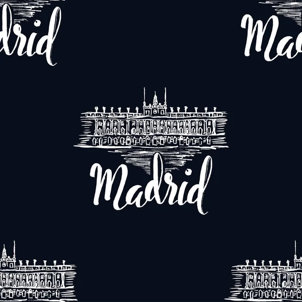 Nahtloses Muster mit Madrigaletikett mit handgezeichnetem Königspalast von Madrigal, Schriftzug Madrigal auf dunkelblauem Hintergrund — Stockvektor