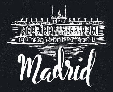 Royal Palace of Madrid karanlık bir arka plan üzerinde yazı Madrid, Madrid etiketi el ile çizilmiş