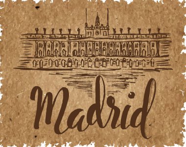 Royal Palace of Madrid kraft kağıt üzerinde yazı bir fırça kalem tarafından yazı Madrid, Madrid etiketi el ile çizilmiş