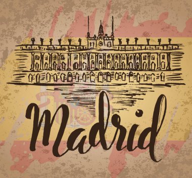 Royal Palace of Madrid ve İspanyol bayrağı yazı Madrid, Madrid etiketi el ile çizilmiş