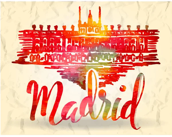 用一只手的马德里标签绘制马德里皇家的宫殿，刻字马德里与水彩的填充 — 图库矢量图片