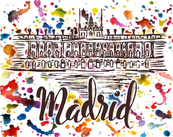 Etiqueta de Madrid com mão desenhada Palácio Real de Madrid, letras Madrid em fundo aquarela multicolorido —  Vetores de Stock
