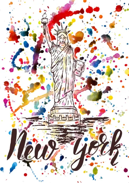 Hand getekend de Statue of Liberty, New york op veelkleurige aquarel achtergrond belettering — Stockvector