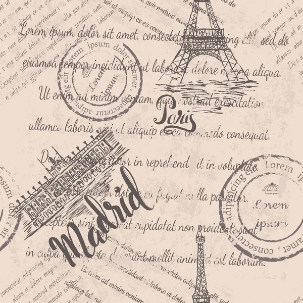 Vervaagde tekst, stempels, Eiffeltoren, Parijs, Koninklijk Paleis van Madrid, Madrid, naadloze patroon belettering belettering — Stockvector